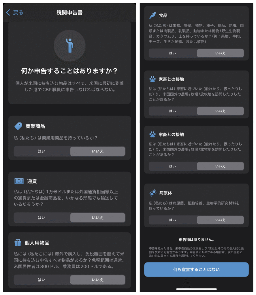 MPCアプリの税関申告画面